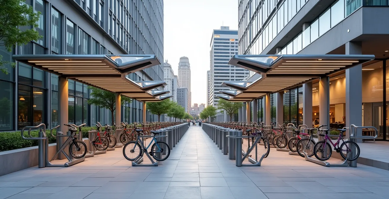 Installation moderne de stationnement vélo sécurisé avec design architectural