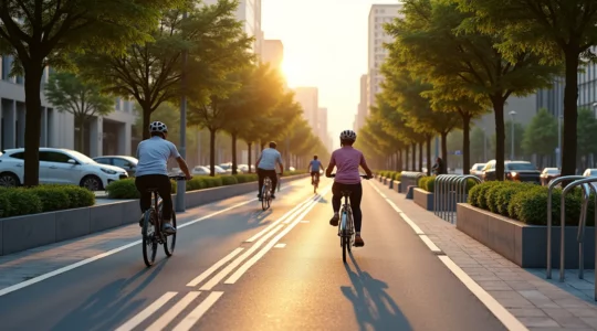 Vue panoramique d'une rue urbaine moderne avec infrastructure cyclable intégrée