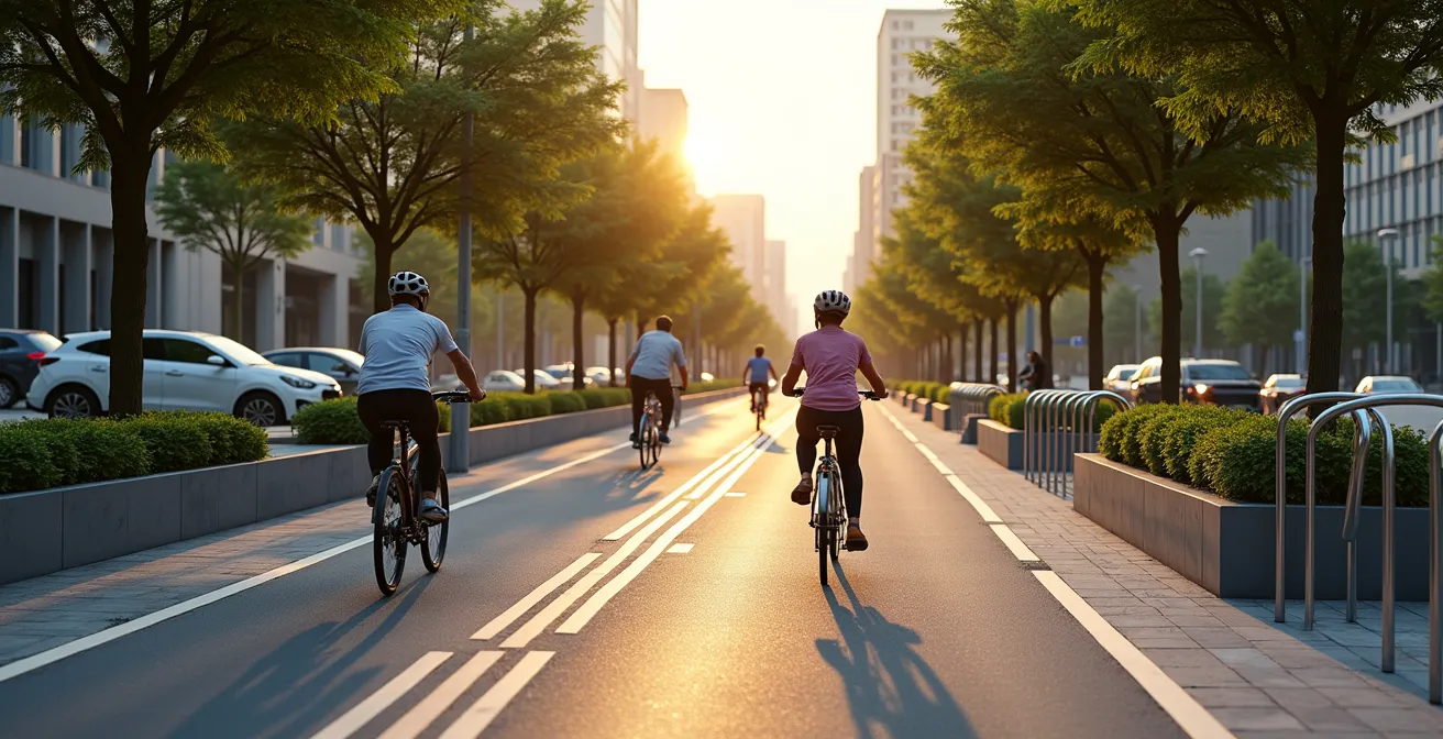 Vue panoramique d'une rue urbaine moderne avec infrastructure cyclable intégrée